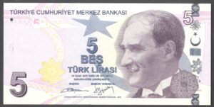 Turkey: Central Bank. 5 lira. B402 535239. (2009). (Pick 222b). UNC.