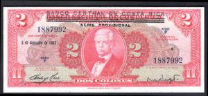 Costa Rica; Banco Central, provisional overprint, 2 colones, 5.12.1967. F 1887992. (Pick 235). AU.