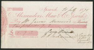 Alexanders, Maw & Co., Ipswich, used cheque, 1875