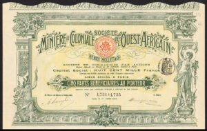 Soc. Miniere et Coloniale de l'Ouest Africain, Henry Mollet, 5 parts beneficiaire, 1908