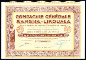 French Congo: Compagnie Générale Sangha-Likouala, part beneficiaire, Paris 1931
