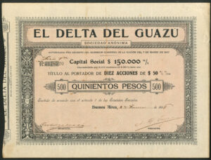 Argentina: El Delta del Guazu S.A, ten shares of 50 pesos each (500 pesos), 1908