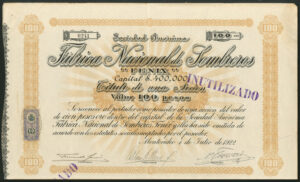 Uruguay: Fabrica Nacional de Sombreros 'Fenix', 100 peso share, 1922
