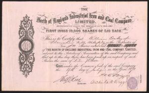 North of England Industrial Iron & Coal Co. Ltd., £10 shares, 1870, Wakefield, Yorkshire