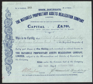 Rhodesia: Matabele Proprietary Assets Realization Co. Ltd., 1/- shares, 1910