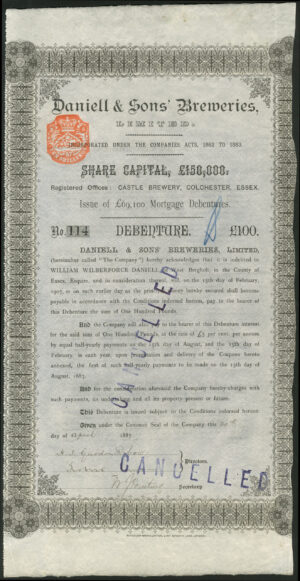 Colchester. Daniell & Sons' Breweries Ltd., £100 debenture, 1887, Waterlow, Bros & Layton