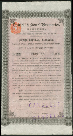 Colchester. Daniell & Sons' Breweries Ltd., £1000 debenture, 1887, Waterlow, Bros & Layton