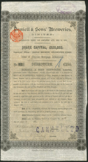Colchester. Daniell & Sons' Breweries Ltd., £250 debenture, 1887, Waterlow, Bros & Layton