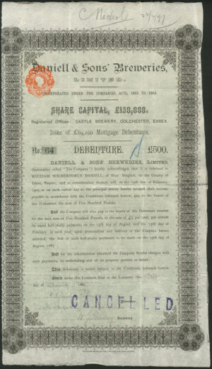 Colchester. Daniell & Sons' Breweries Ltd., £500 debenture, 1887, Waterlow, Bros & Layton