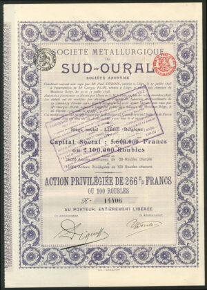 Russia: Société Métallurgique du Sud-Oural, 'action privilégeée', 100 roubles, 1910