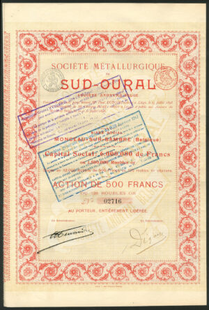 Russia: Société Métallurgique du Sud-Oural, 500 franc share, 1898, EF