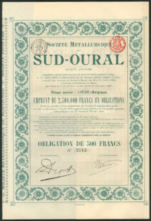 Russia: Société Métallurgique du Sud-Oural, 500 franc bond, 1910, EF