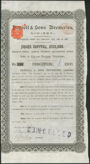 Colchester. Daniell & Sons' Breweries Ltd., £100 debenture, 1893, Waterlow, Bros & Layton