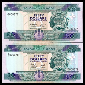 Solomon Islands, Central Bank, $50, (1986), low n0 consecutive pair, #B/1 000377-378 (WPM 17a).  AU-UNC.