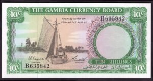 Gambia, Currency Board, 10 shillings, (1965), B635842 (WPM 1a). UNC.
