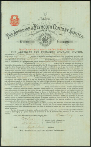 Aberdare and Plymouth Co. Ltd., 'B' debenture, £100, 1876