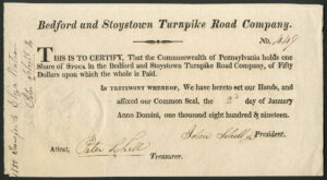 USA: Bedford and Stoystown Turnpike Road Co., one share, 1819
