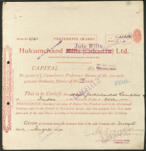 India, Hukumchand Jute Mills Ltd., 100 rupee preference shares, 1920