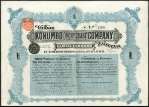 French West Africa: Kokumbo (Ivory Coast) Company Ltd., 1 share of £1, 1903, variety with printed date