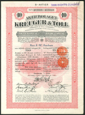 Sweden: AB Kreuger & Toll, 10 'B' shares, 1-7-1926, signed Ernst Kreuger, Swedish match