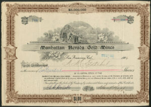 USA: Manhattan Nevada Gold Mines (NV), $1 shares, 1906