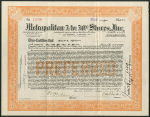 USA: Metropolitan 5 to 50c Stores, Inc., set of three certificates, preference and common A & B, 1922