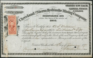 USA: Cleveland and Sierra Hydraulic Mining Co., $50 shares, 1871, cancelled