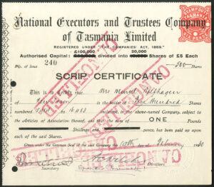 Australia: National Executors and Trustees Company of Tasmania Ltd., £5 shares, 1930 - Image 1