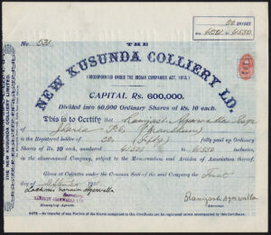 India: New Kusunda Colliery Ltd., 10 rupee shares, 1920