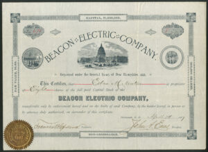 USA: Beacon Electric Co., $5 shares, Portsmouth, New Hampshire, 1889