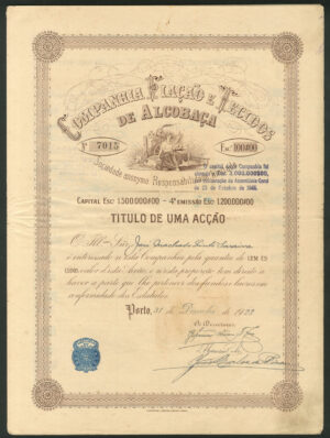 Portugal: Companhia Fiaçaõ e Tecidos de Alcobaça, 1 share, 1923, 4th Issue