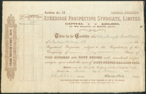 Australia: Etheridge Prospecting Syndicate Ltd., £250 shares, 1911, RARE