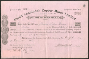 Australia: Mount Cannindah Copper Mines Ltd., 100 shares of 2 shillings each, 1906