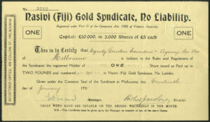 Fiji: Nasivi (Fiji) Gold Syndicate, NL, £5 share, 1935