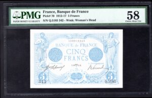 France, Banque de France, 5 francs, 1915 (Pick 70). Slabbed 58 Choice AU.
