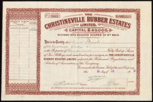 Sierra Leone: Christineville Rubber Estates Limited, 2/- shares, 1910, Waterlow printing