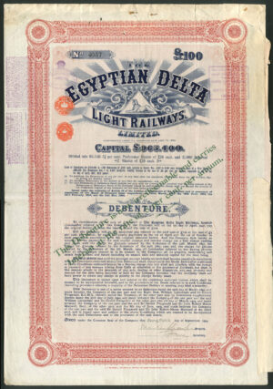 Egypt: Egyptian Delta Light Railways Ltd., £100 debenture, 1904