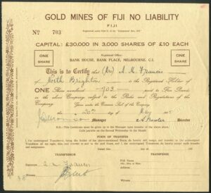 Fiji: Gold Mines of Fiji NL, 1 share, 1935