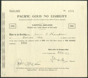 Fiji: Pacific Gold NL, 1 share, 1935