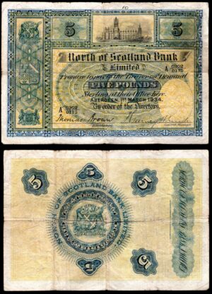 Scotland, North of Scotland Bank, £5, 1-3-1934, A 0902/0175 (PMS NS40b). GF.
