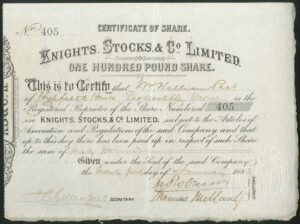 Great Britain: Knights, Stocks & Co. Ltd., £100 share, 1882, North Riding Brewery, South Stockton on Tees