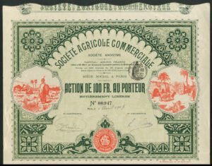Algeria. Société Agricole Commerciale, 100 franc share, Paris 1907, only 1256 issued.