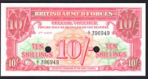 GB Military, British Armed Forces, 10 shillings, 396949 (1956). Punch hole cancelled (WPM M28a). AU-UNC. - Image 1