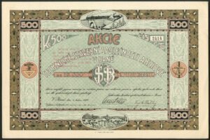 Czechoslovakia: Technické Stavební Spolecnosti Akciove (Construction), 500 korona share, Brne 1920