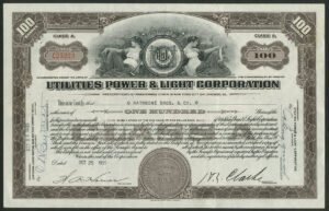 USA: Utilities Power & Light Corporation, certificate for 100 shares', Chicago transfer office,1933