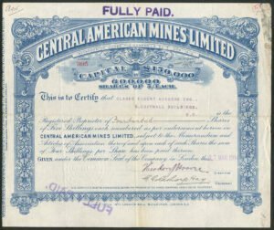 Nicaragua: Central American Mines Ltd., 5 shilling shares, 1914, signed Theodore Hoover