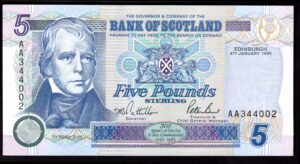 Scotland, Bank of Scotland, £5, 4-1-1995, first series AA344002 (PMS BA122a). AU-UNC. - Image 1