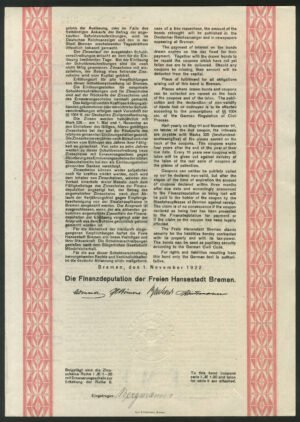 Germany: Bremen Free State, 1000 mark bond, 1922 - Image 2