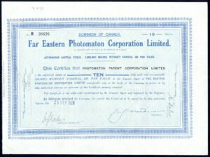 Canada: Far Eastern Photomaton Corporation Ltd., 10 shares, 1928, Waterlow