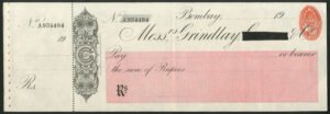 India, Grindlay, Groom & Co., Bombay, 1913, unused cheque